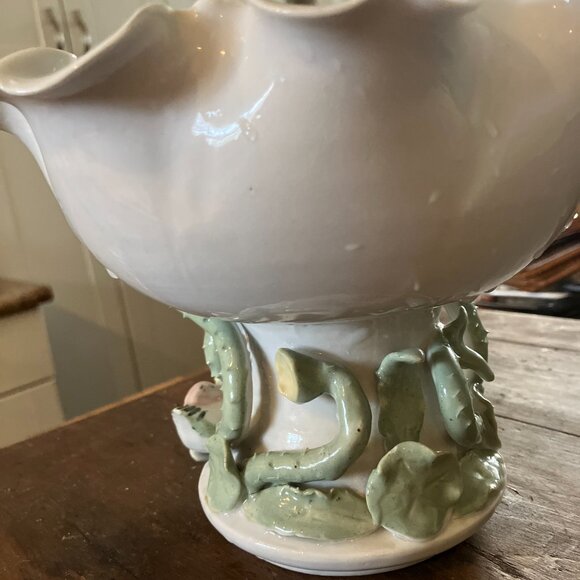 Vintage 80s Pedestal Vase Ceramic Floral Arranging Bowl with Removable Frog - Picture 6 of 10